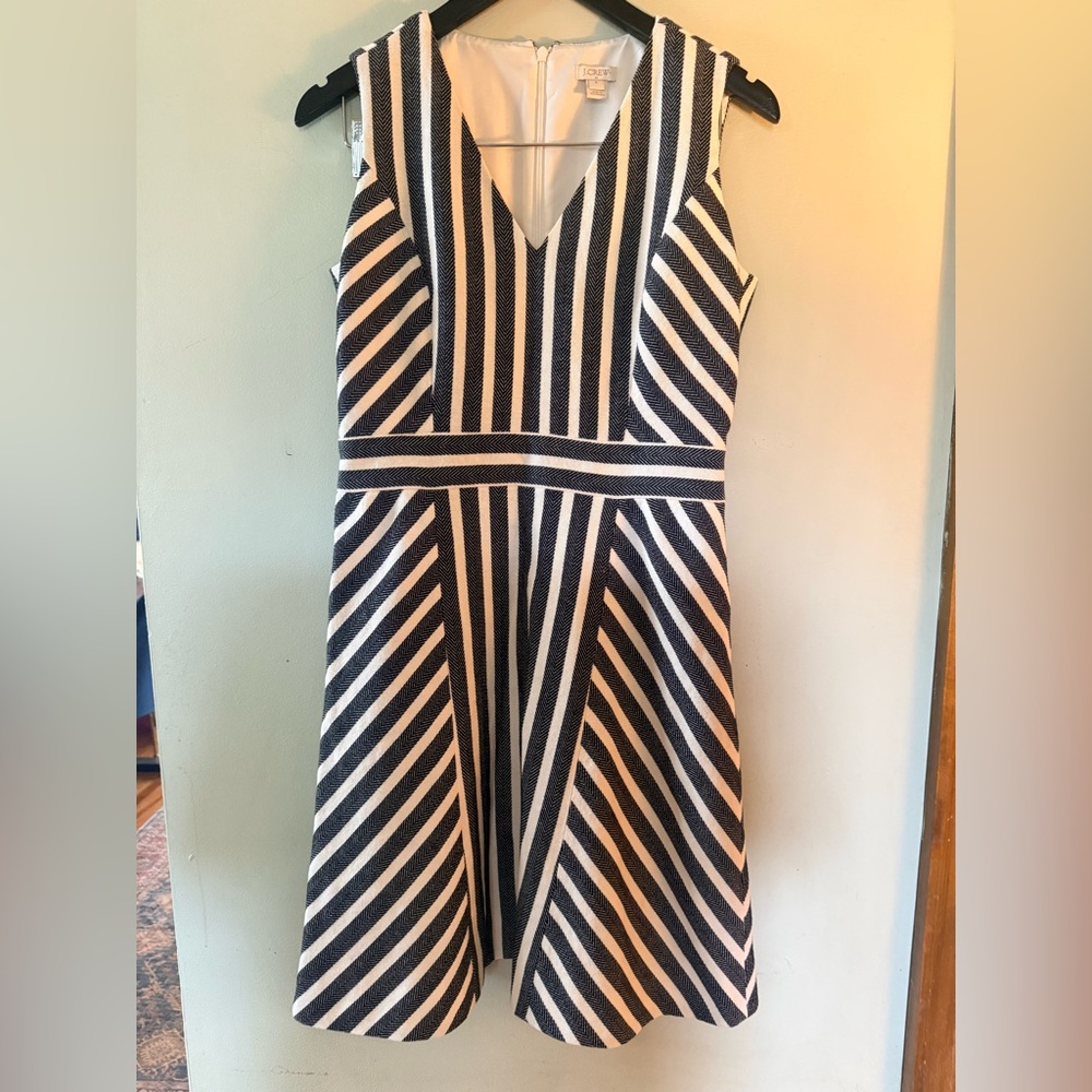 J. Crew Navy and Black Textured Stripe V-Neck Dress